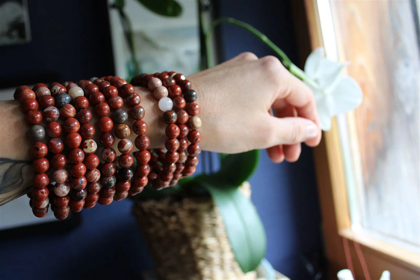 1 Bracelet élastiqué en jaspe rouge poignet moyen à large - Aurore Lune