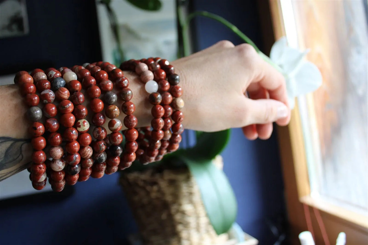 1 Bracelet élastiqué en jaspe rouge poignet moyen à large - Aurore Lune
