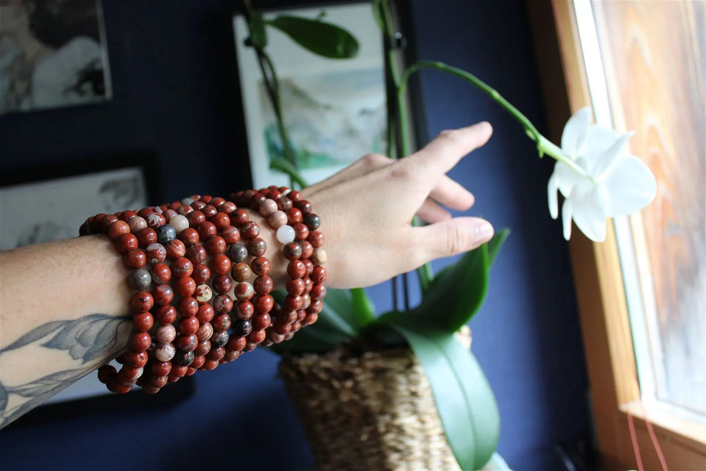 1 Bracelet élastiqué en jaspe rouge poignet moyen à large - Aurore Lune