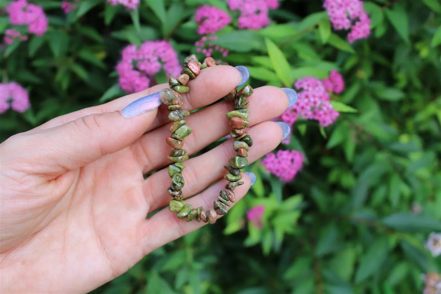 1 Bracelet en chips épidote unakite élastiqué - Aurore Lune