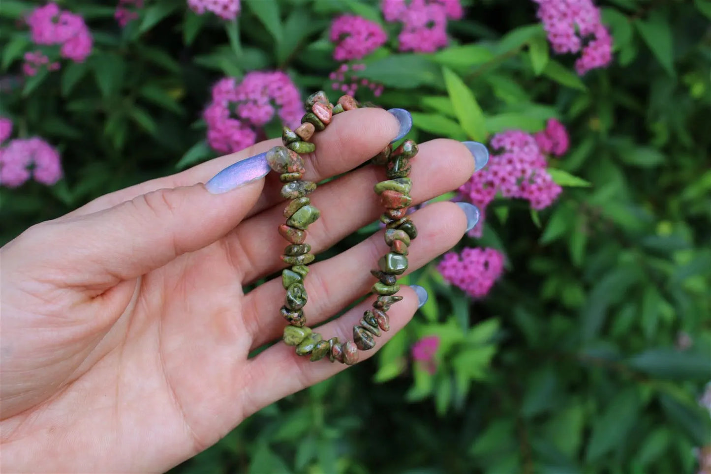 1 Bracelet en chips épidote unakite élastiqué - Aurore Lune