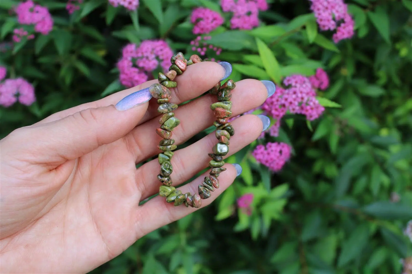 1 Bracelet en chips épidote unakite élastiqué - Aurore Lune