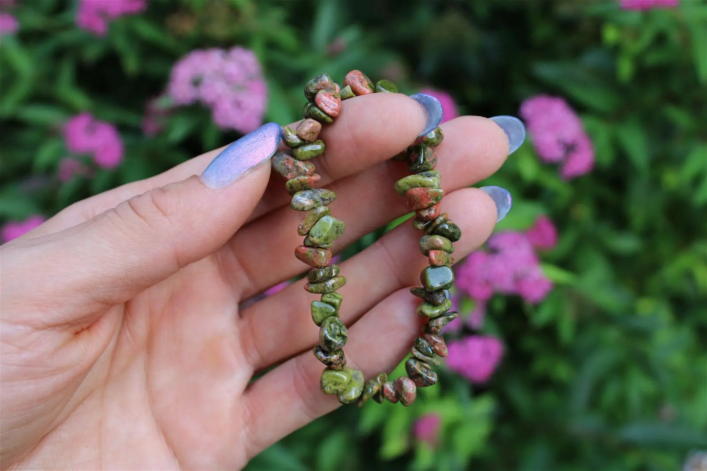 1 Bracelet en chips épidote unakite élastiqué - Aurore Lune