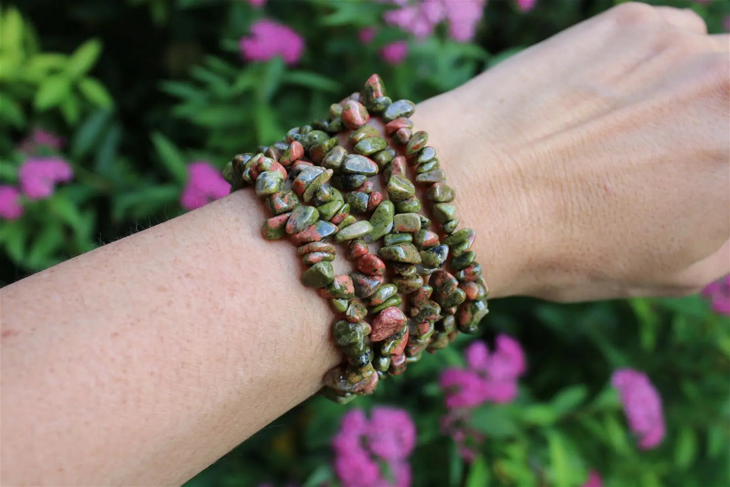 1 Bracelet en chips épidote unakite élastiqué - Aurore Lune