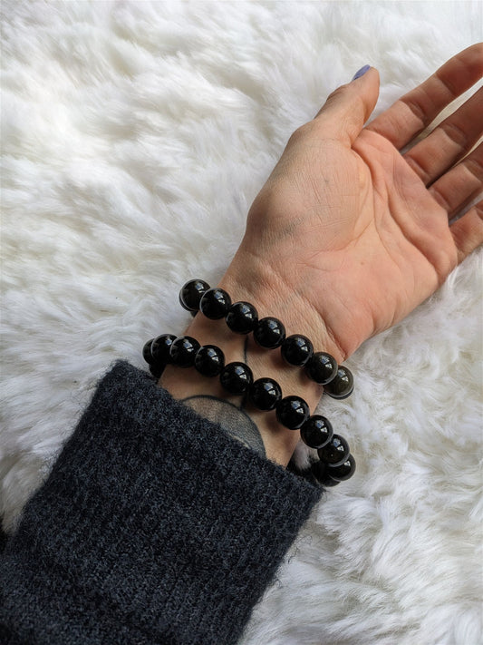 1 Bracelet en obsidienne dorée 12 mm poignet large - Aurore Lune