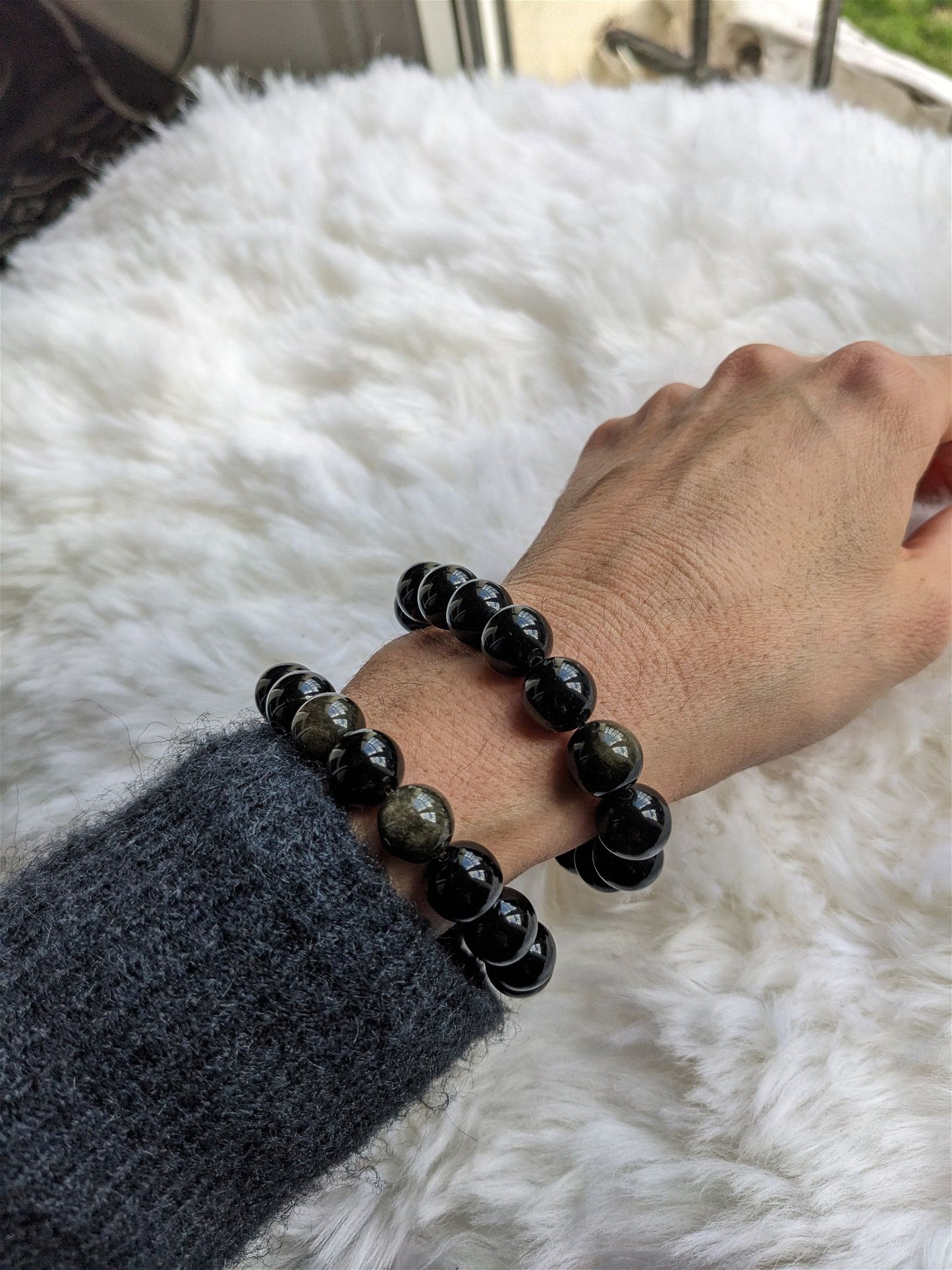 1 Bracelet en obsidienne dorée 12 mm poignet large - Aurore Lune