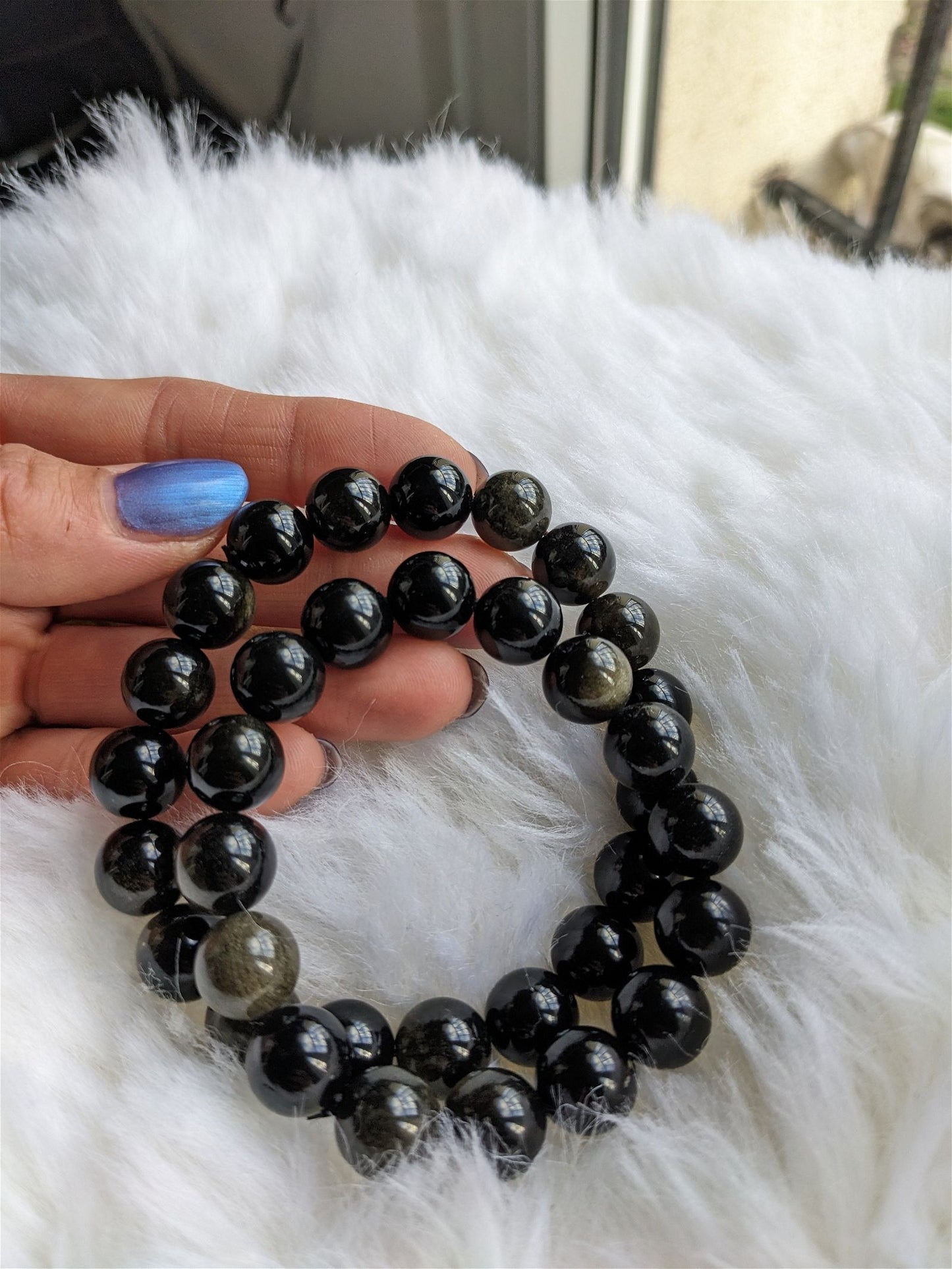 1 Bracelet en obsidienne dorée 12 mm poignet large - Aurore Lune