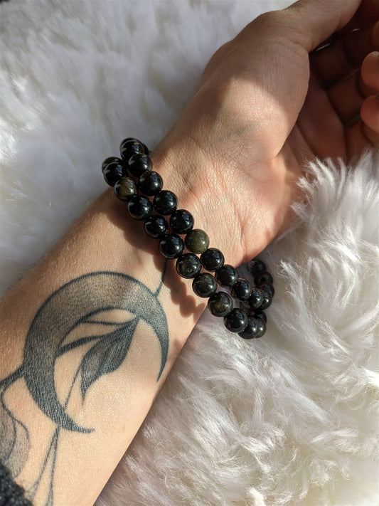 1 Bracelet en obsidienne dorée 8mm poignet large - Aurore Lune