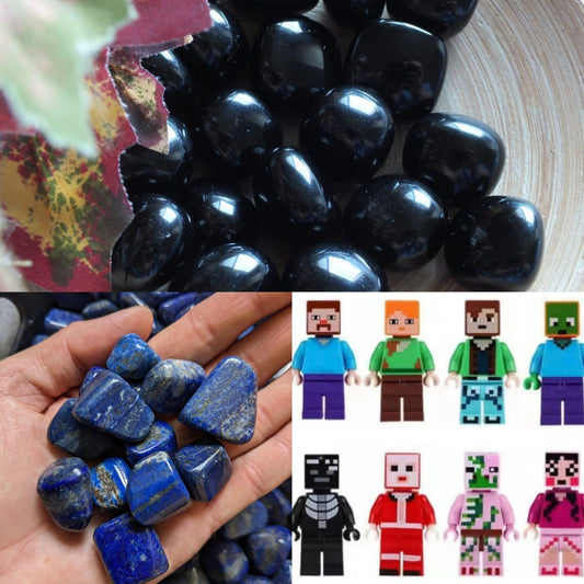 1 Lot inspiration Minecraft™ - 1 lapis lazuli 1 obsidienne et 1 figurine à monter - Aurore Lune