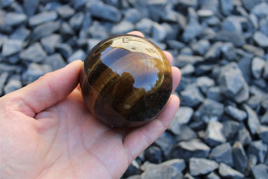 1 sphère oeil de tigre et support bois 6 cm - Aurore Lune