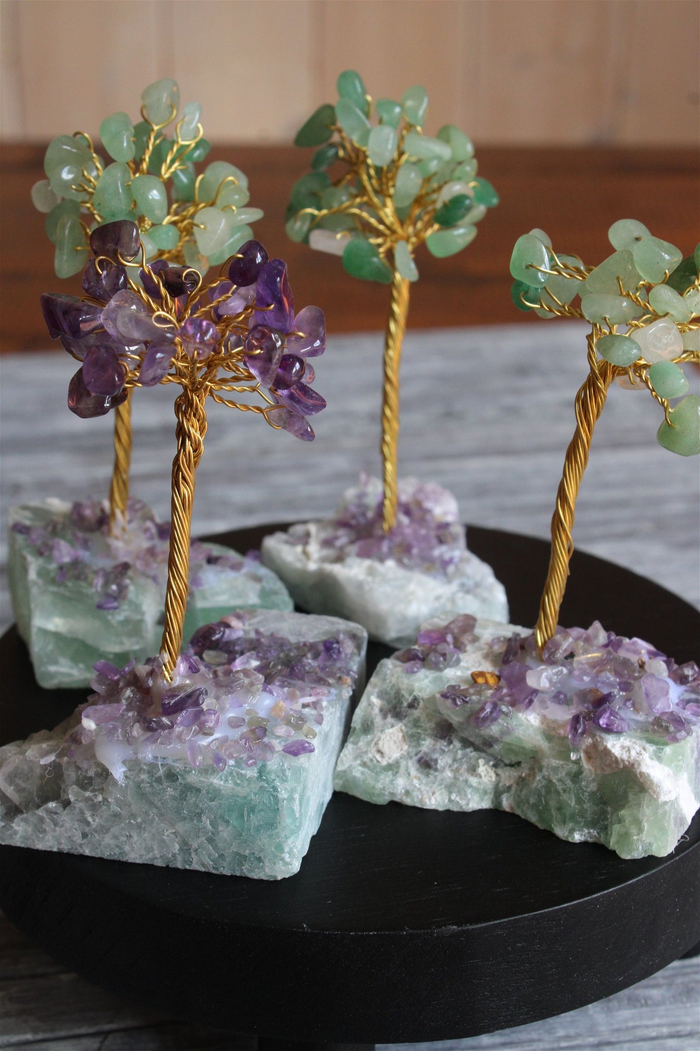 Arbre aventurine verte sur socle en fluorite et améthystes collées - Aurore Lune