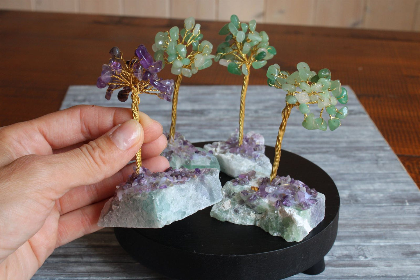 Arbre aventurine verte sur socle en fluorite et améthystes collées - Aurore Lune