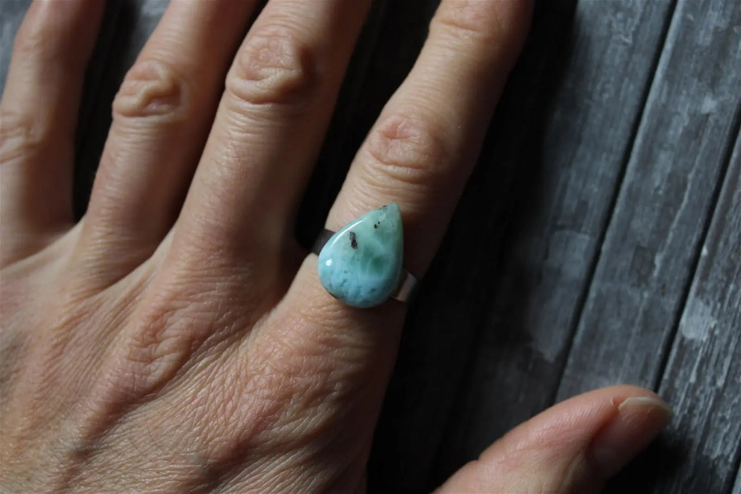 Bague inox réglable avec larimar minimum T. 52 - Aurore Lune