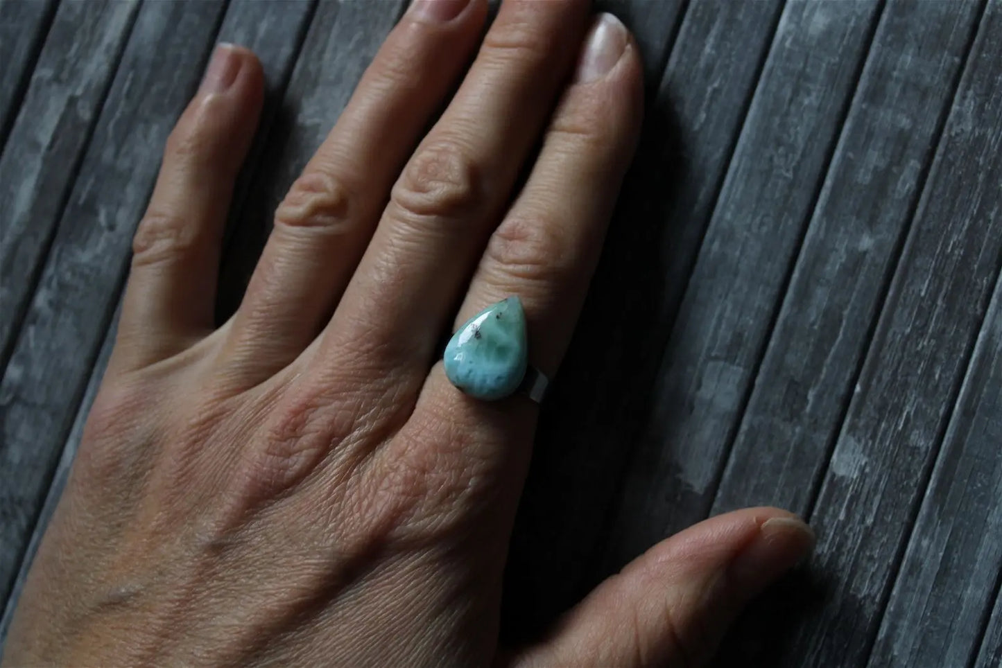 Bague inox réglable avec larimar minimum T. 52 - Aurore Lune