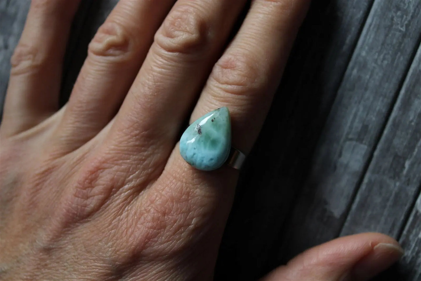Bague inox réglable avec larimar minimum T. 52 - Aurore Lune