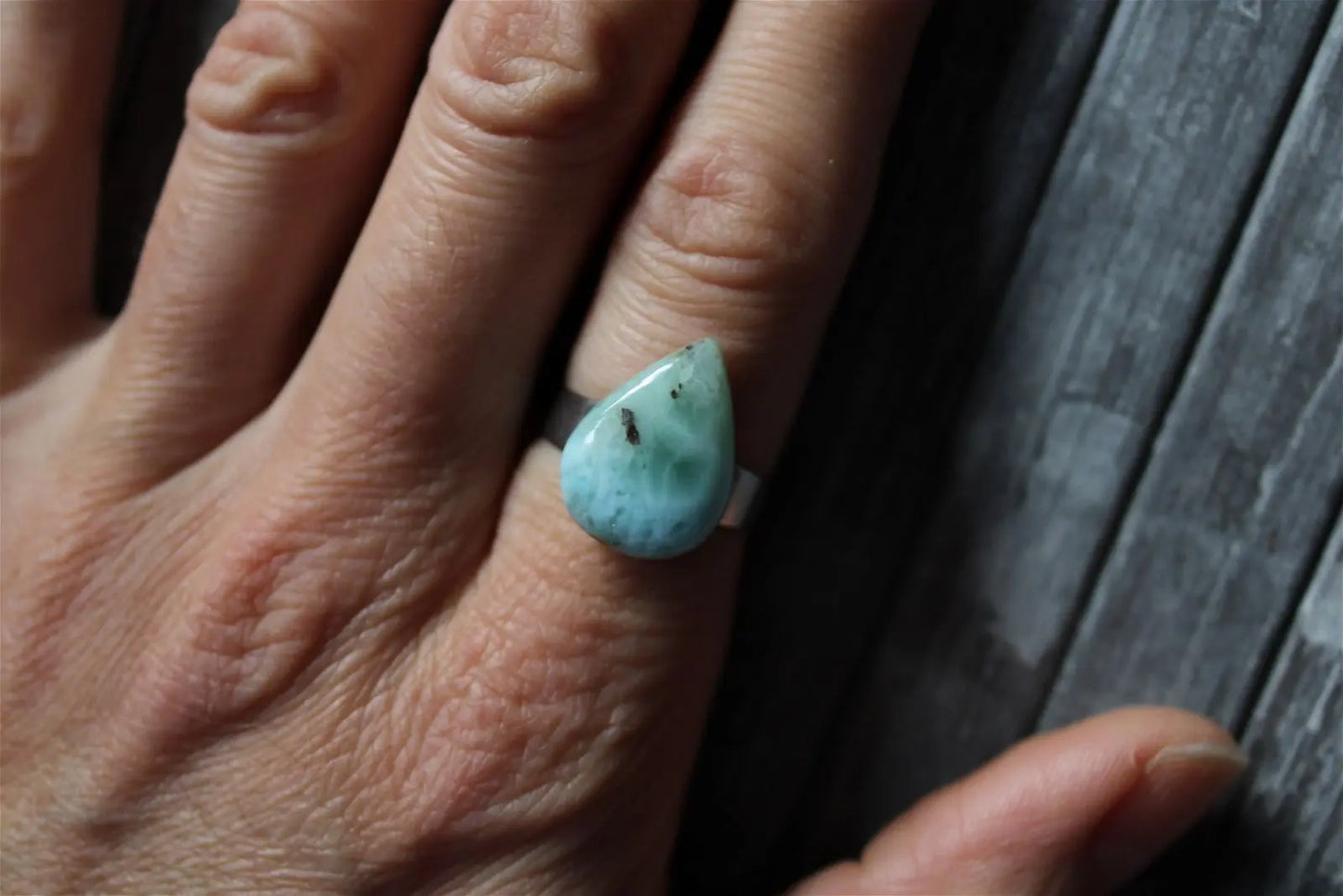 Bague inox réglable avec larimar minimum T. 52 - Aurore Lune