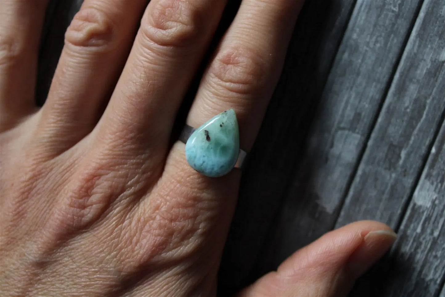Bague inox réglable avec larimar minimum T. 52 - Aurore Lune