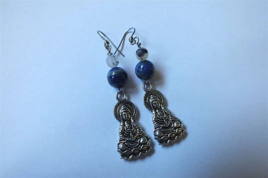 Boucles d'oreilles avec Bouddha lapis lazuli agate - Aurore Lune