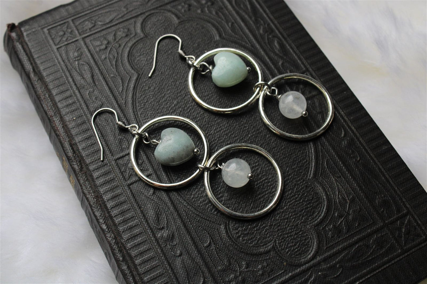 Boucles d'oreilles avec amazonite et labradorites blanches - Aurore Lune