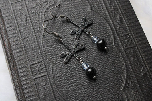 Boucles d'oreilles avec hypersthènes et libellules - Aurore Lune
