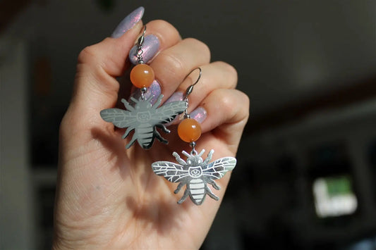 Boucles d'oreilles cornalines et bourdons tout inox - Aurore Lune