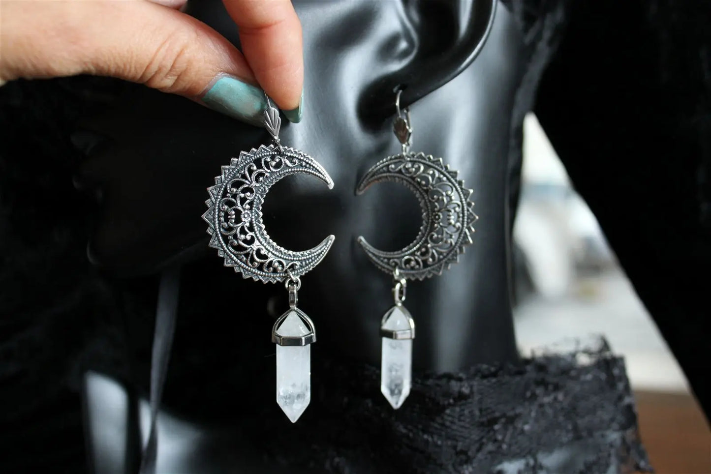 Boucles d'oreilles cristal de roche et Lunes - Aurore Lune