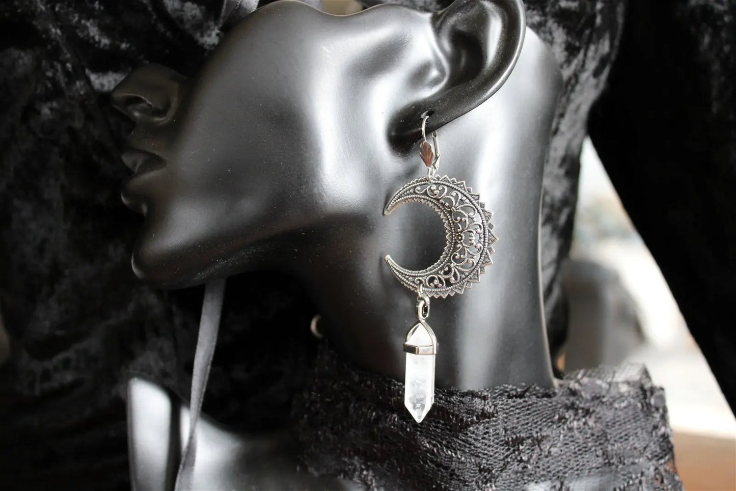 Boucles d'oreilles cristal de roche et Lunes - Aurore Lune