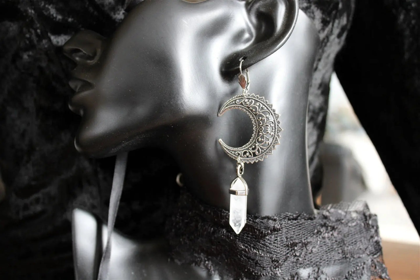 Boucles d'oreilles cristal de roche et Lunes - Aurore Lune