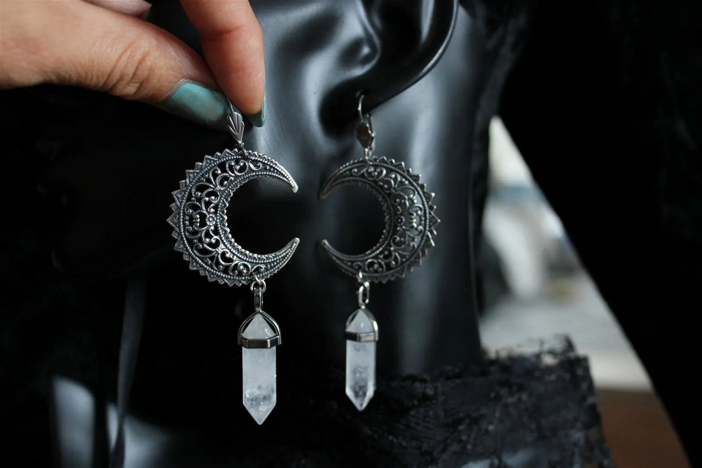 Boucles d'oreilles cristal de roche et Lunes - Aurore Lune