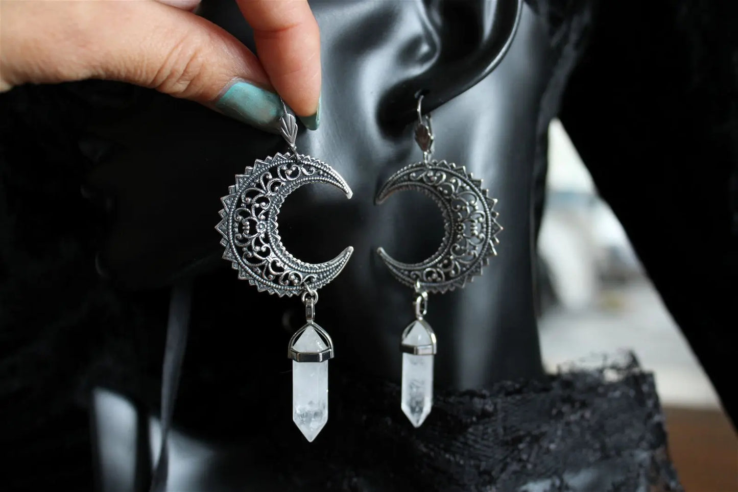Boucles d'oreilles cristal de roche et Lunes - Aurore Lune