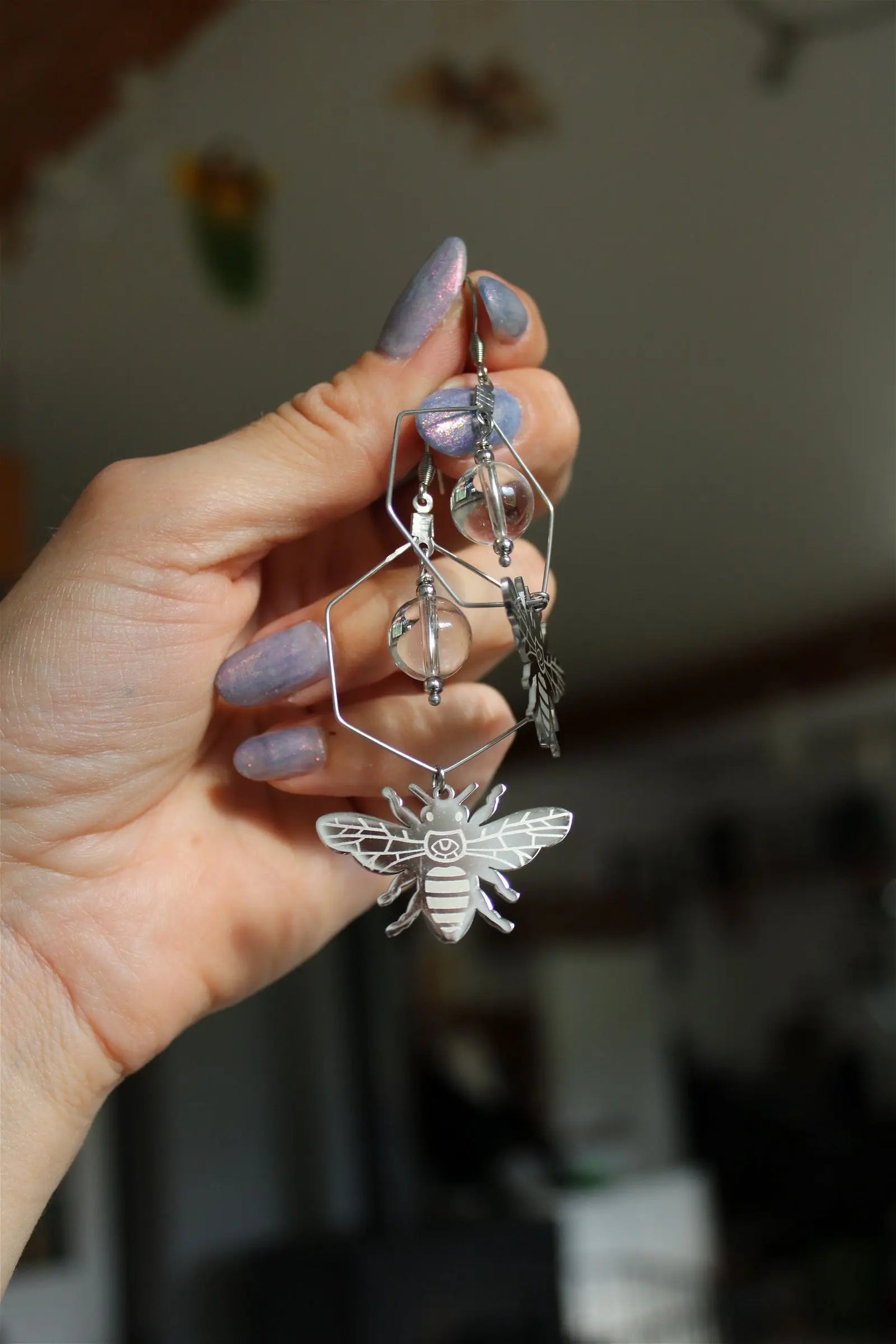 Boucles d'oreilles cristal de roche et bourdons tout inox - Aurore Lune