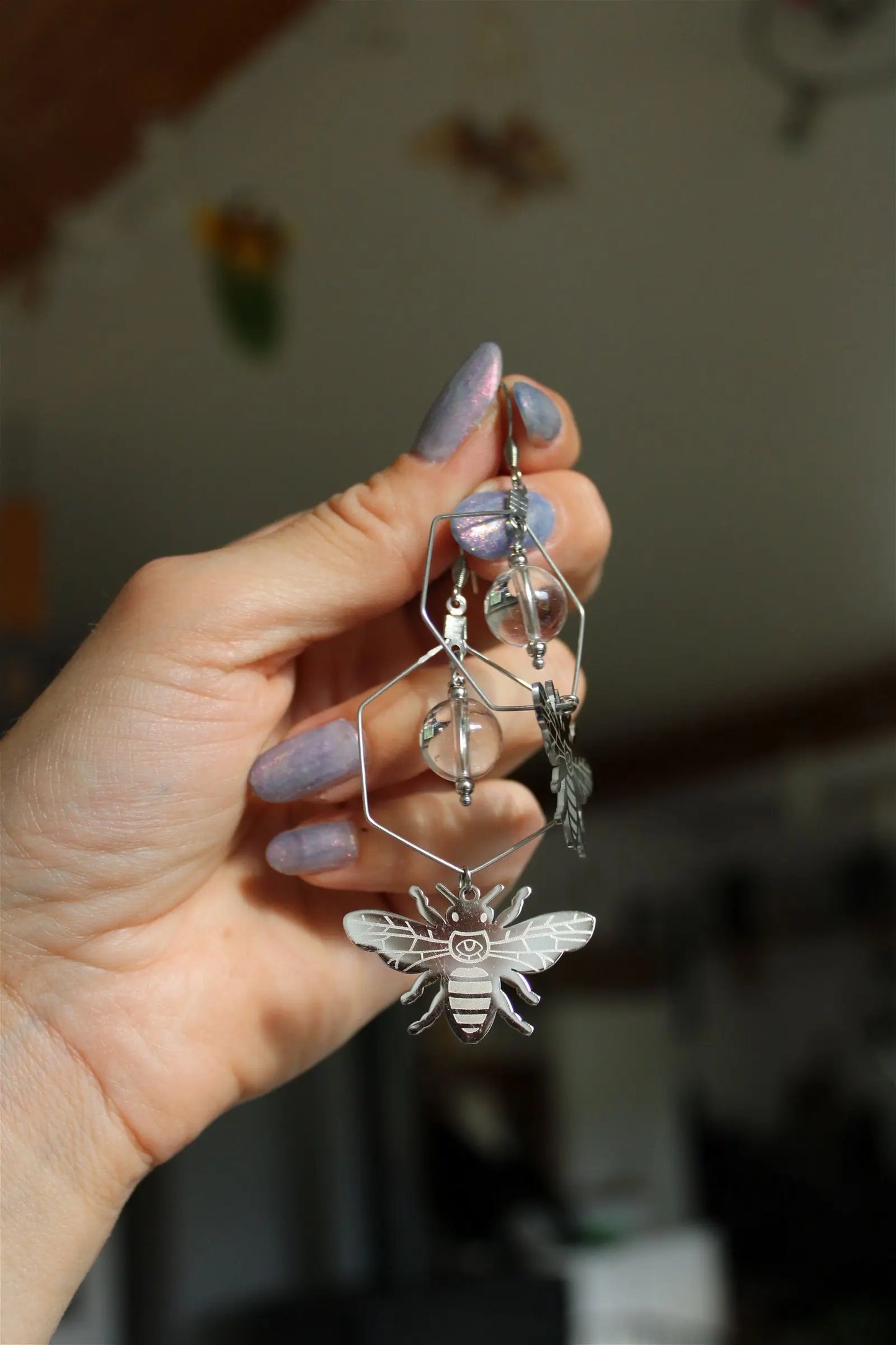 Boucles d'oreilles cristal de roche et bourdons tout inox - Aurore Lune