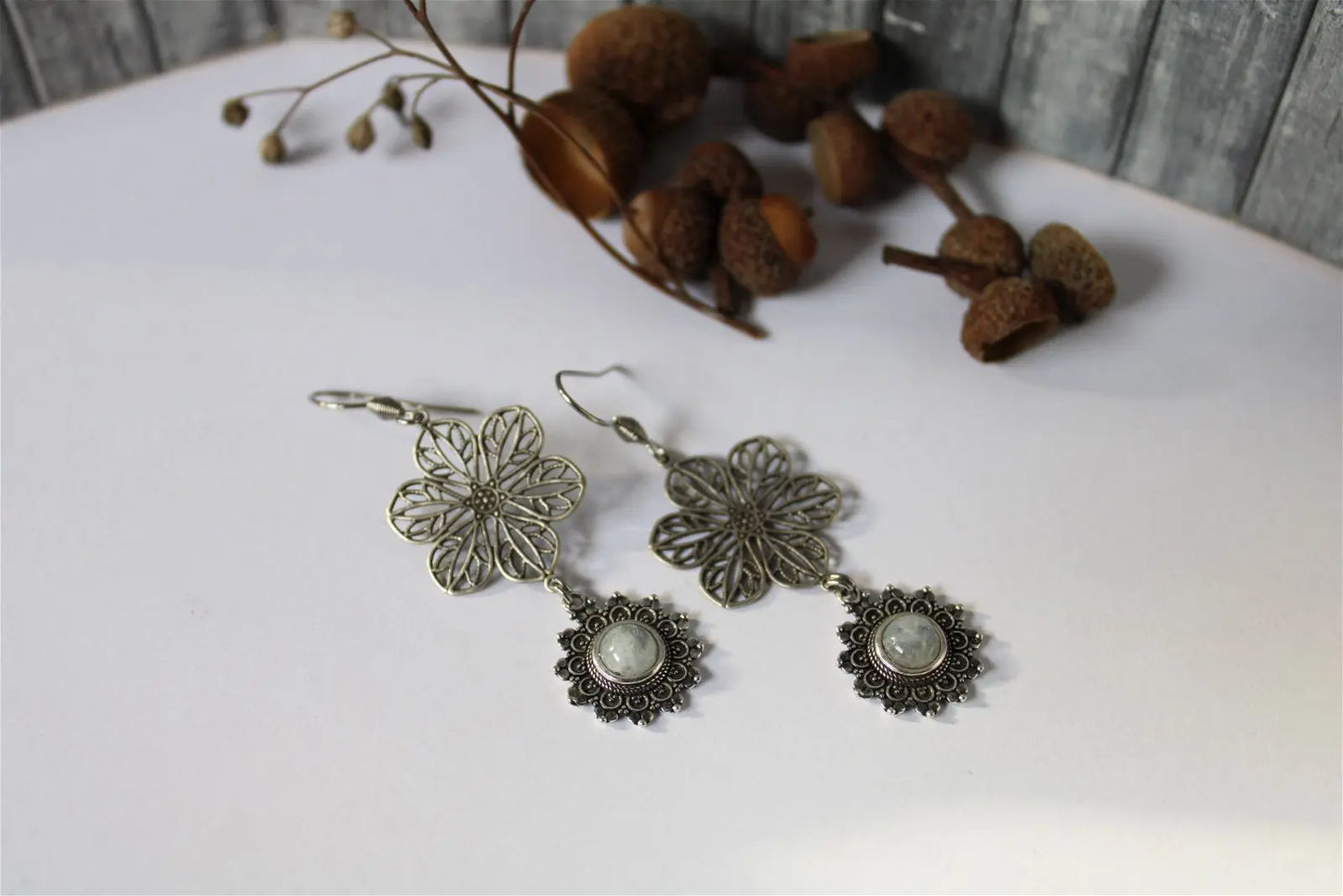 Boucles d'oreilles labradorites blanches - Aurore Lune