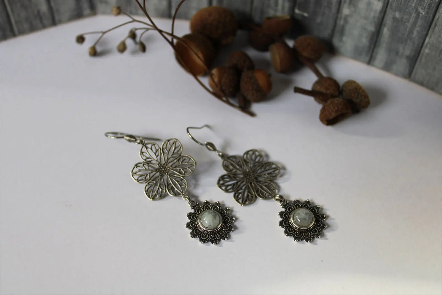 Boucles d'oreilles labradorites blanches - Aurore Lune