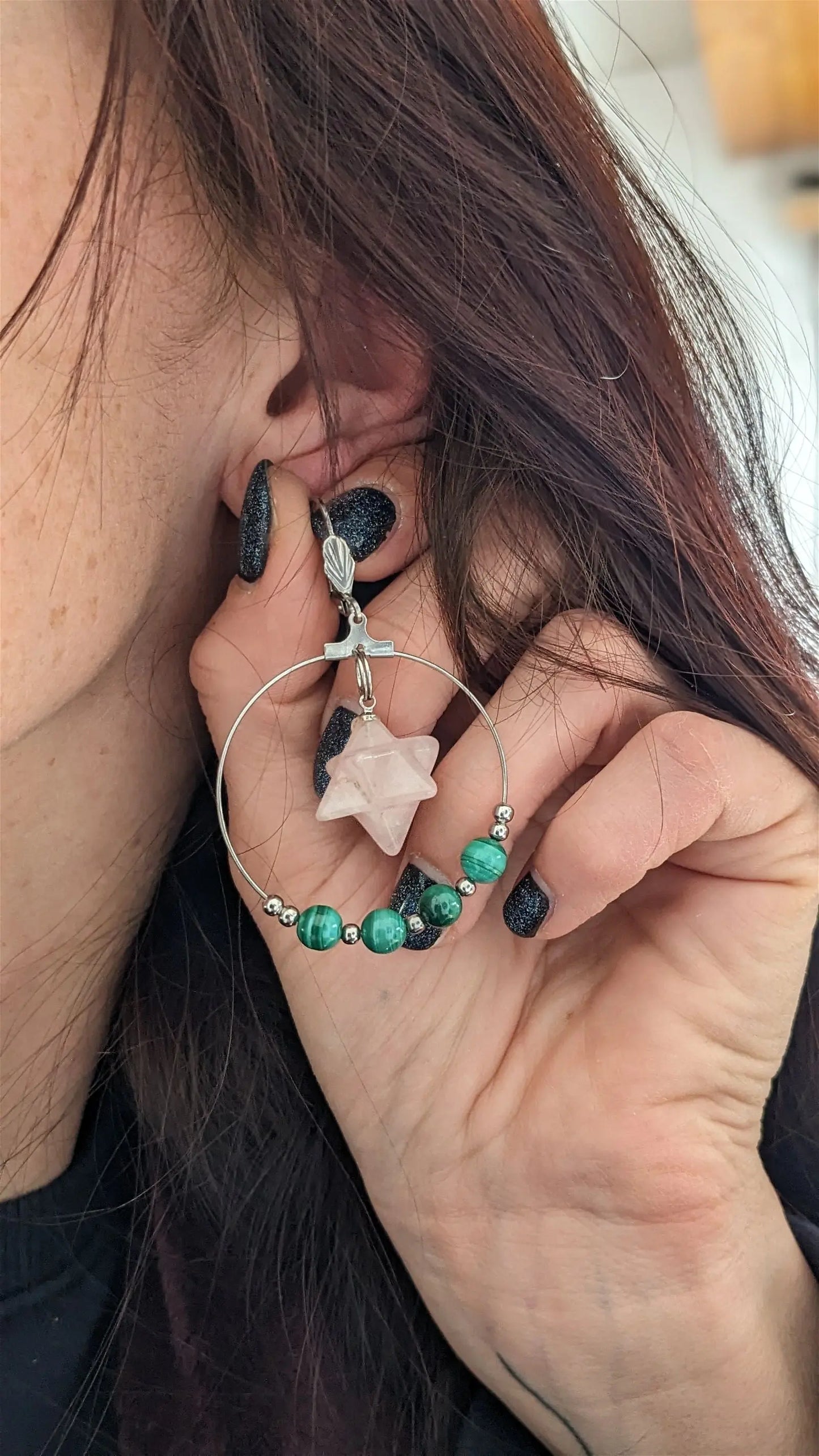 Boucles d'oreilles malachites quartz rose - Aurore Lune