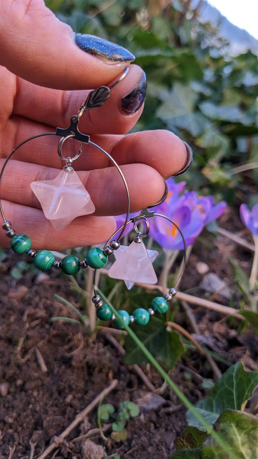 Boucles d'oreilles malachites quartz rose - Aurore Lune