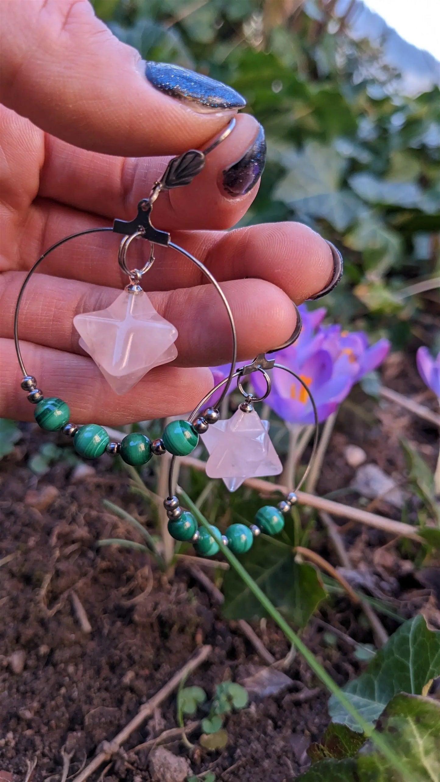 Boucles d'oreilles malachites quartz rose - Aurore Lune