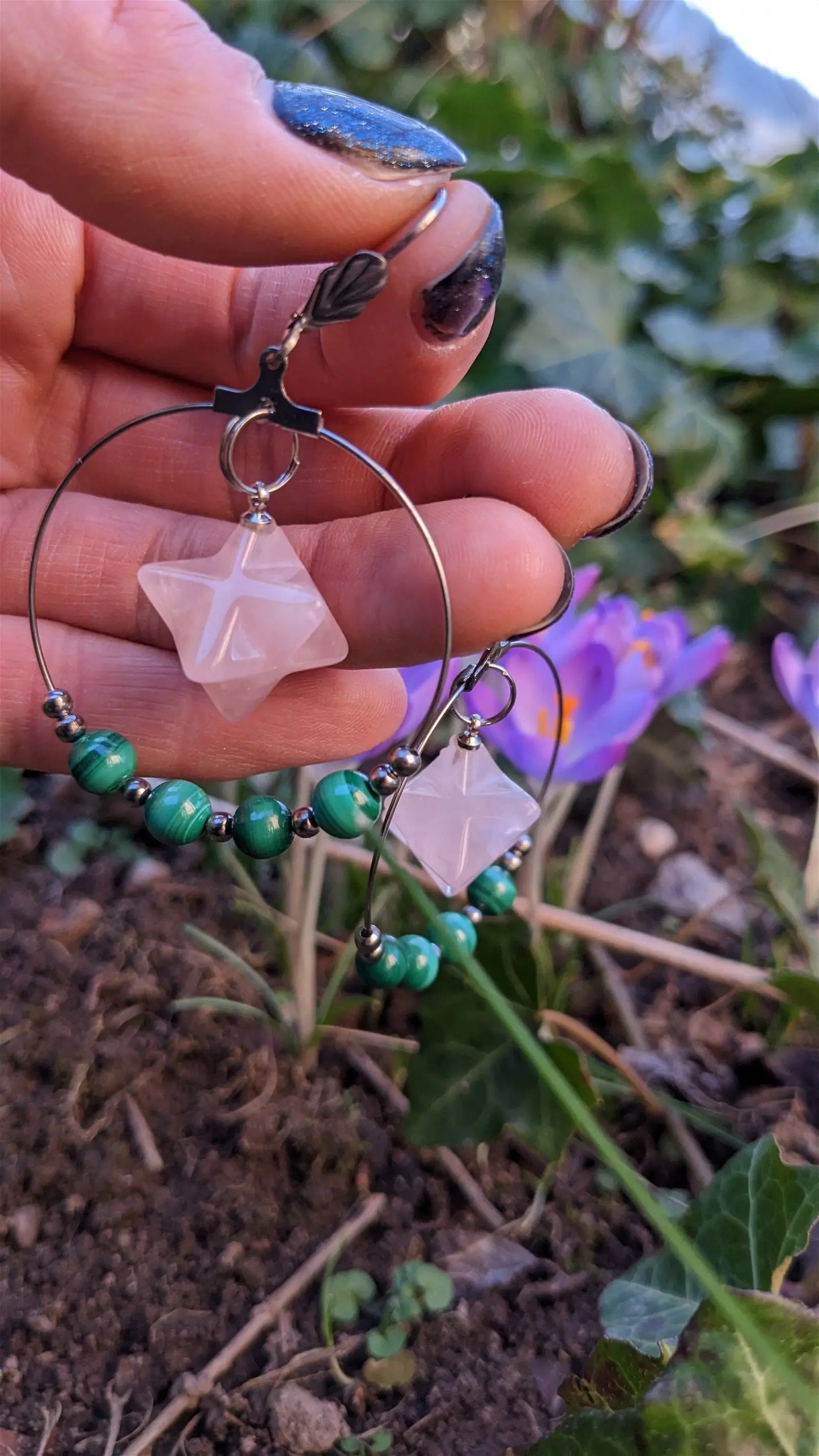 Boucles d'oreilles malachites quartz rose - Aurore Lune
