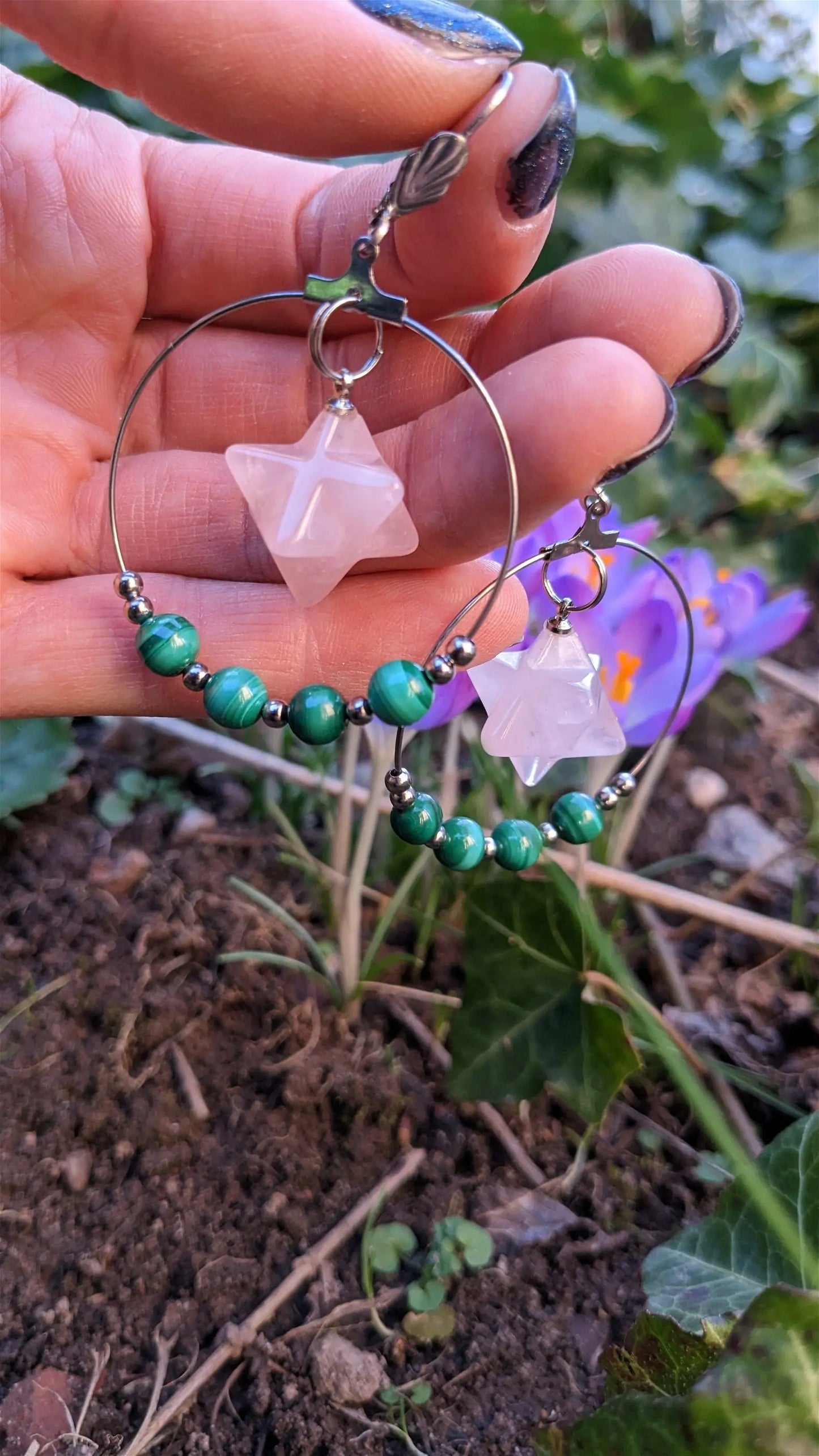 Boucles d'oreilles malachites quartz rose - Aurore Lune