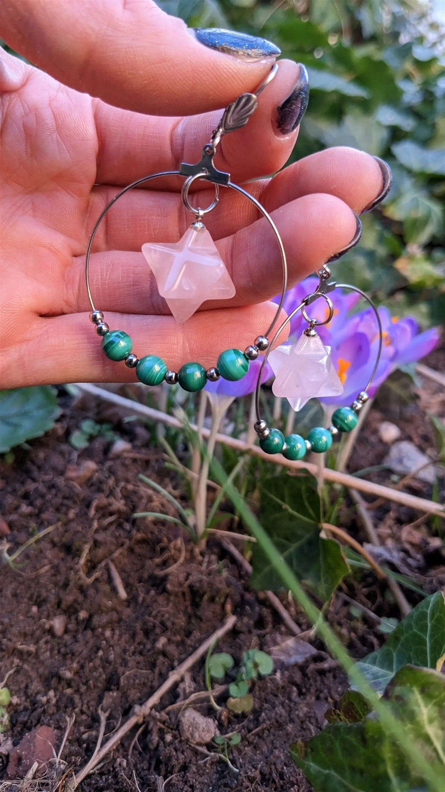 Boucles d'oreilles malachites quartz rose - Aurore Lune