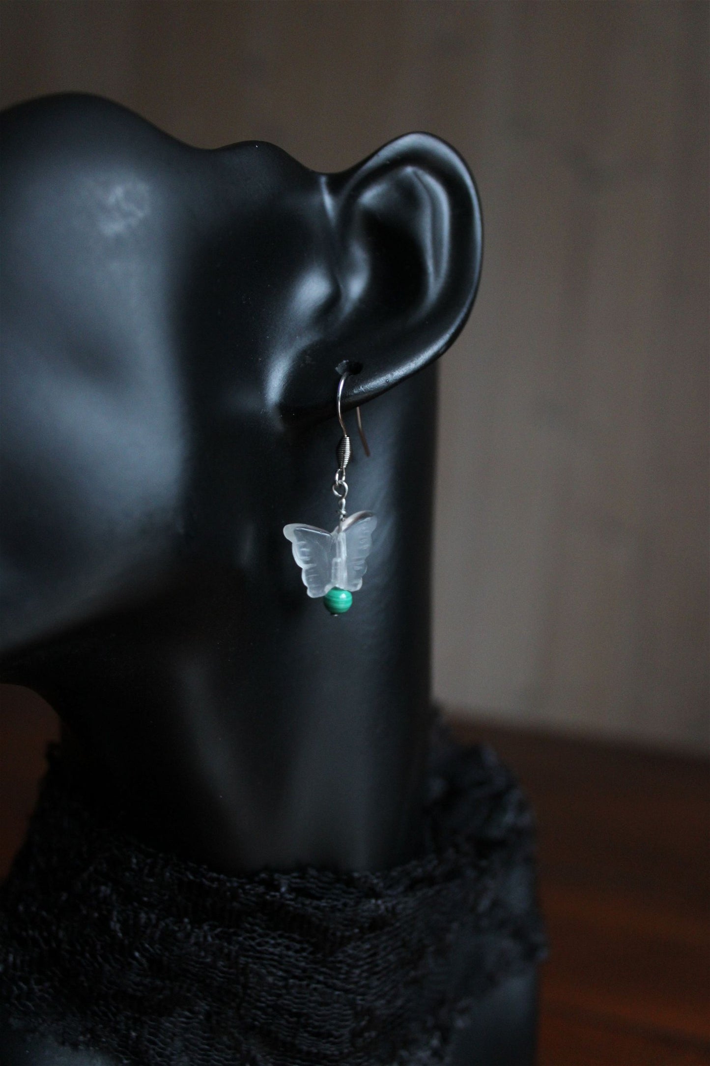 Boucles d'oreilles papillons cristal de roche malachites - Aurore Lune
