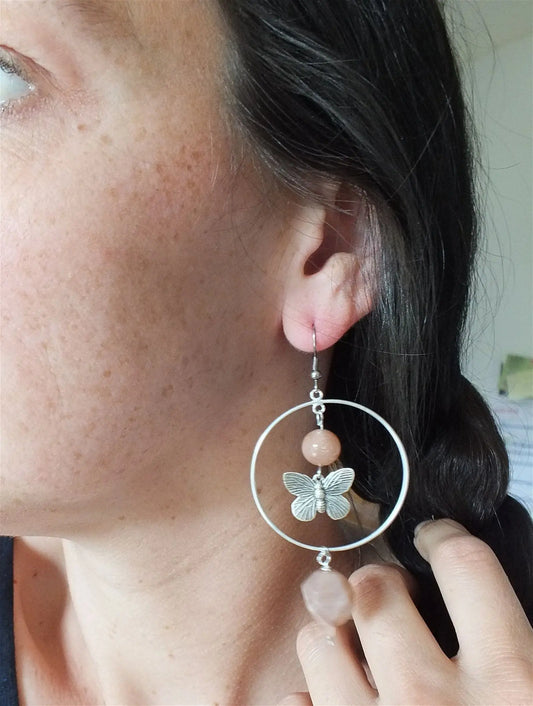 Boucles d'oreilles papillons et pierres de lune - Aurore Lune
