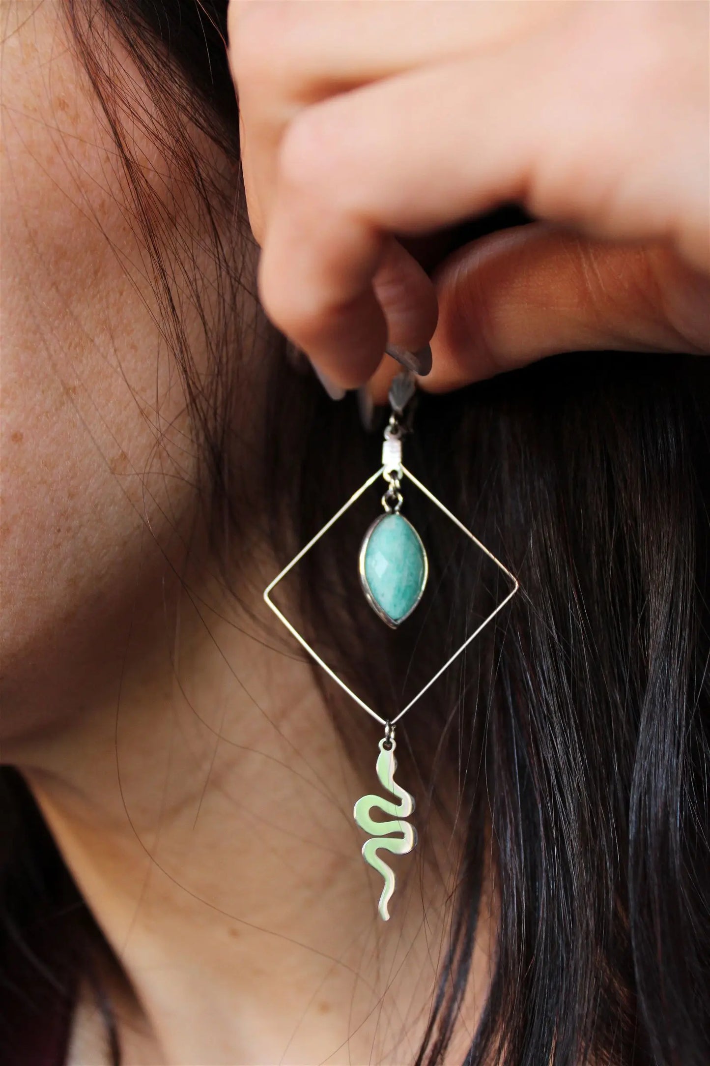 Boucles d'oreilles serpents mystiques et amazonites - Aurore Lune