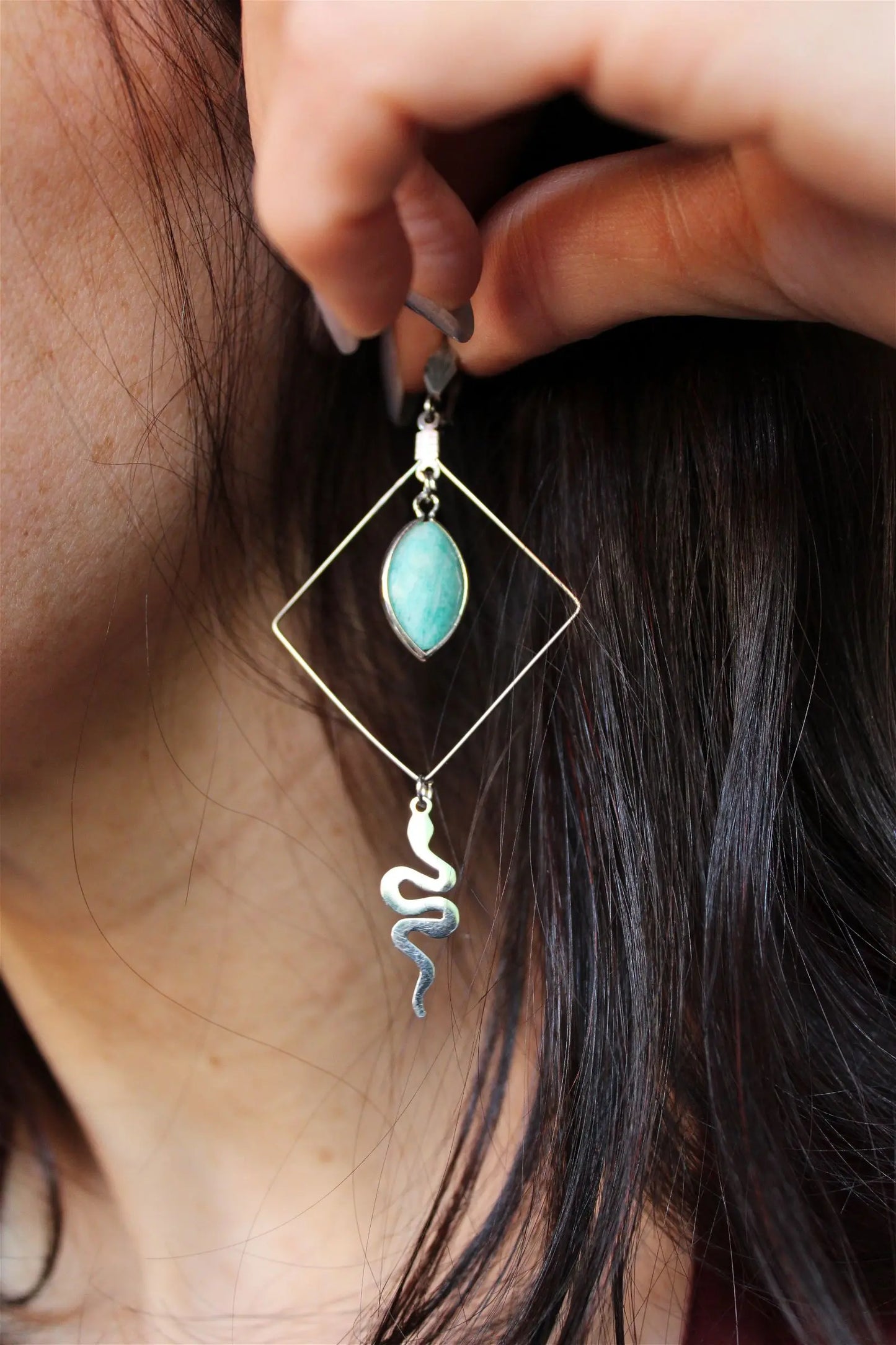 Boucles d'oreilles serpents mystiques et amazonites - Aurore Lune
