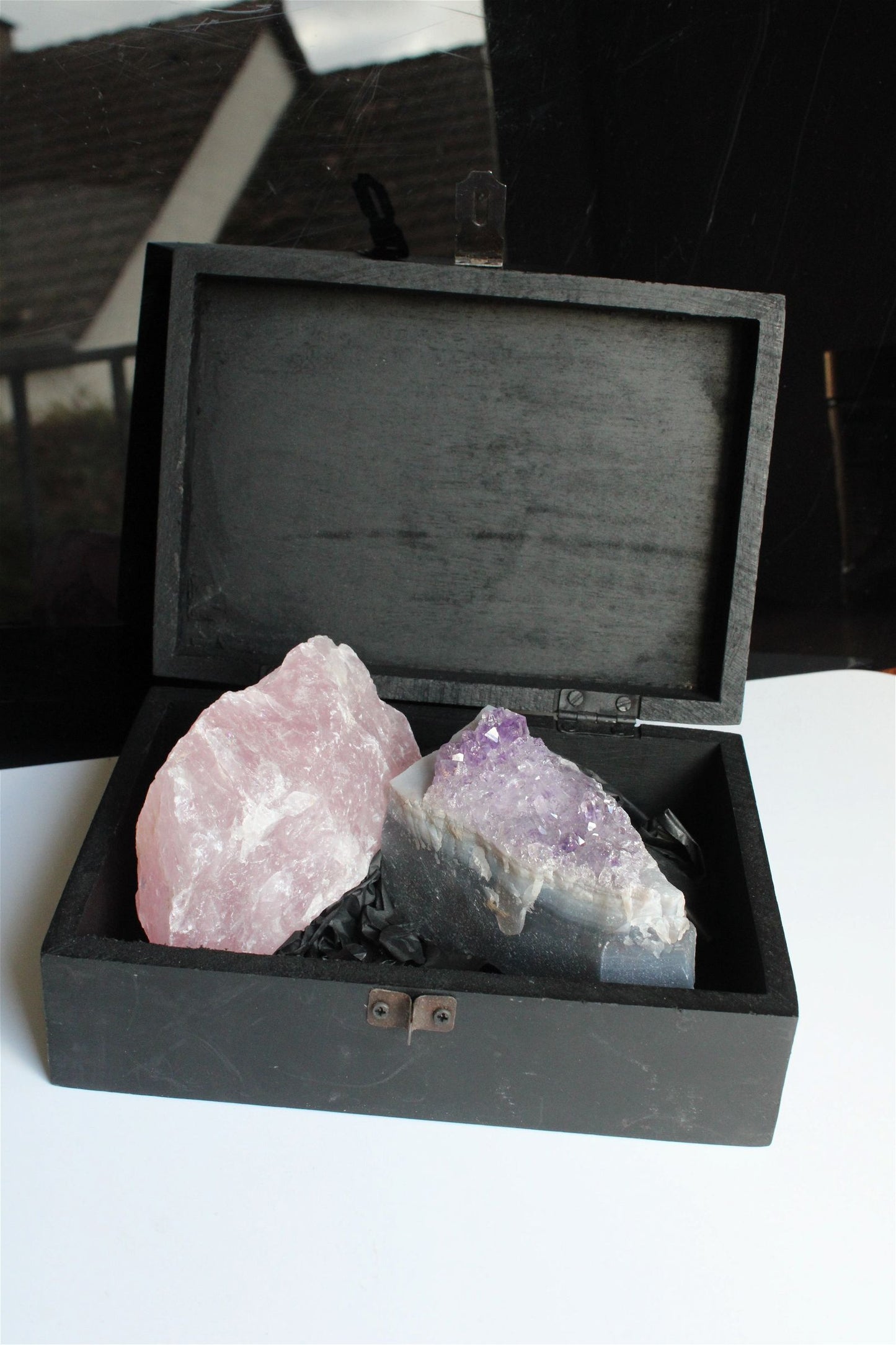 Box boîte à offrir quartz rose et améthyste brutes - Aurore Lune