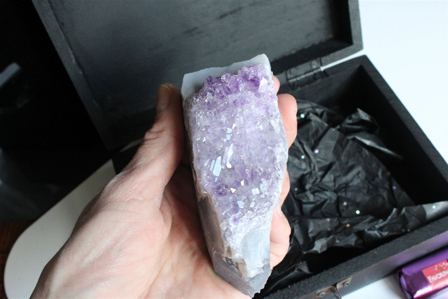 Box boîte à offrir quartz rose et améthyste brutes - Aurore Lune