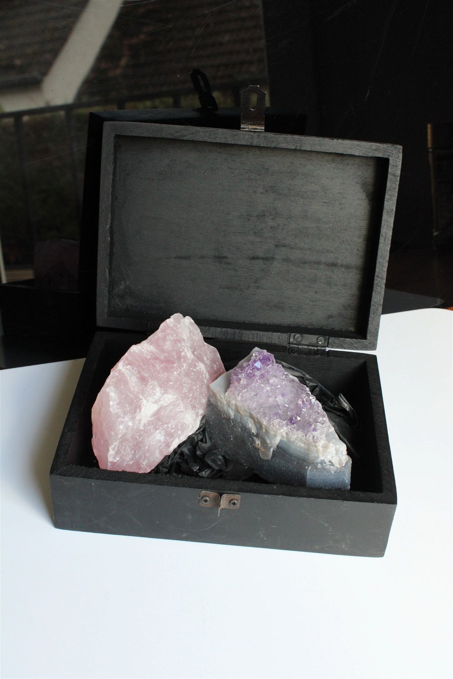Box boîte à offrir quartz rose et améthyste brutes - Aurore Lune