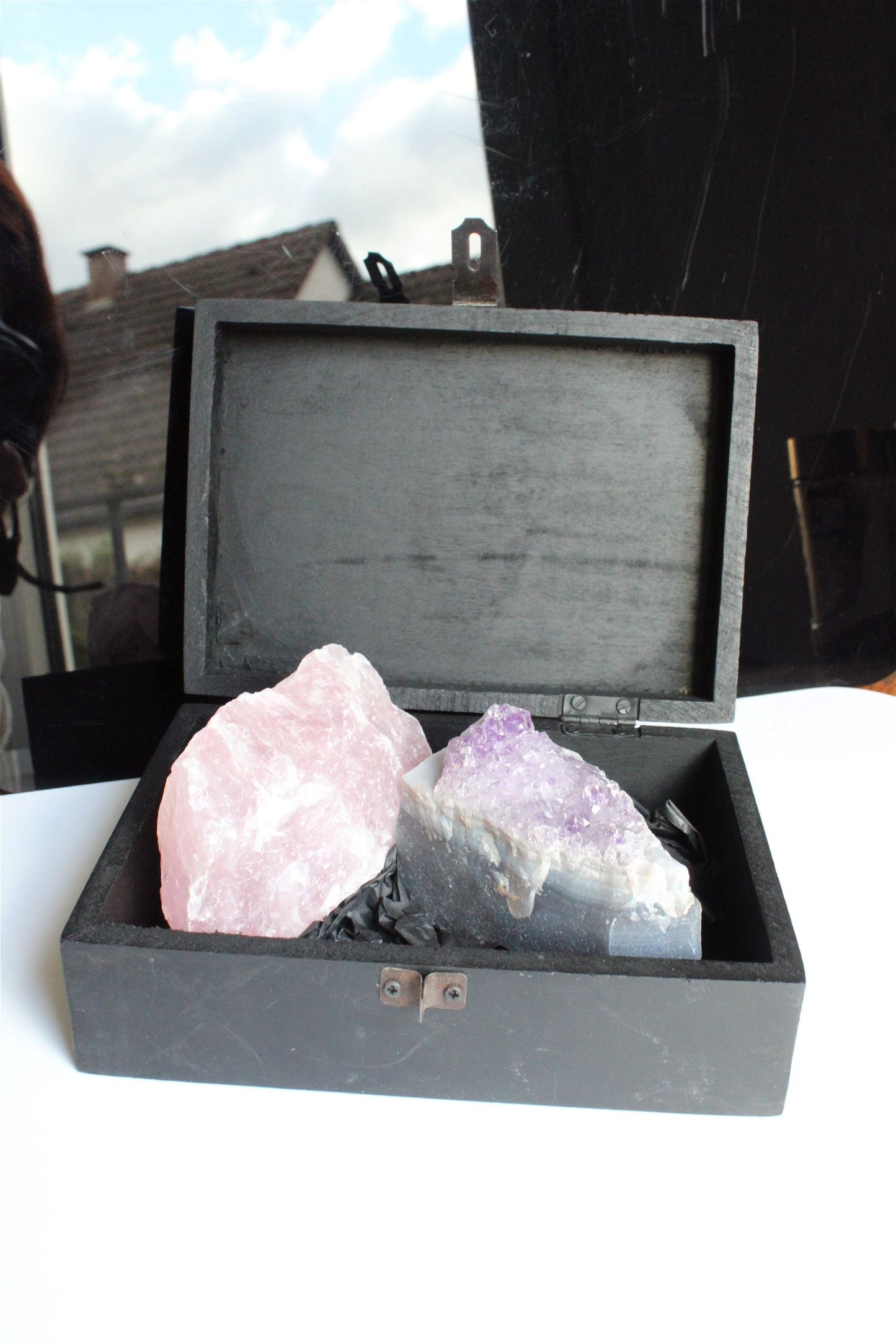 Box boîte à offrir quartz rose et améthyste brutes - Aurore Lune