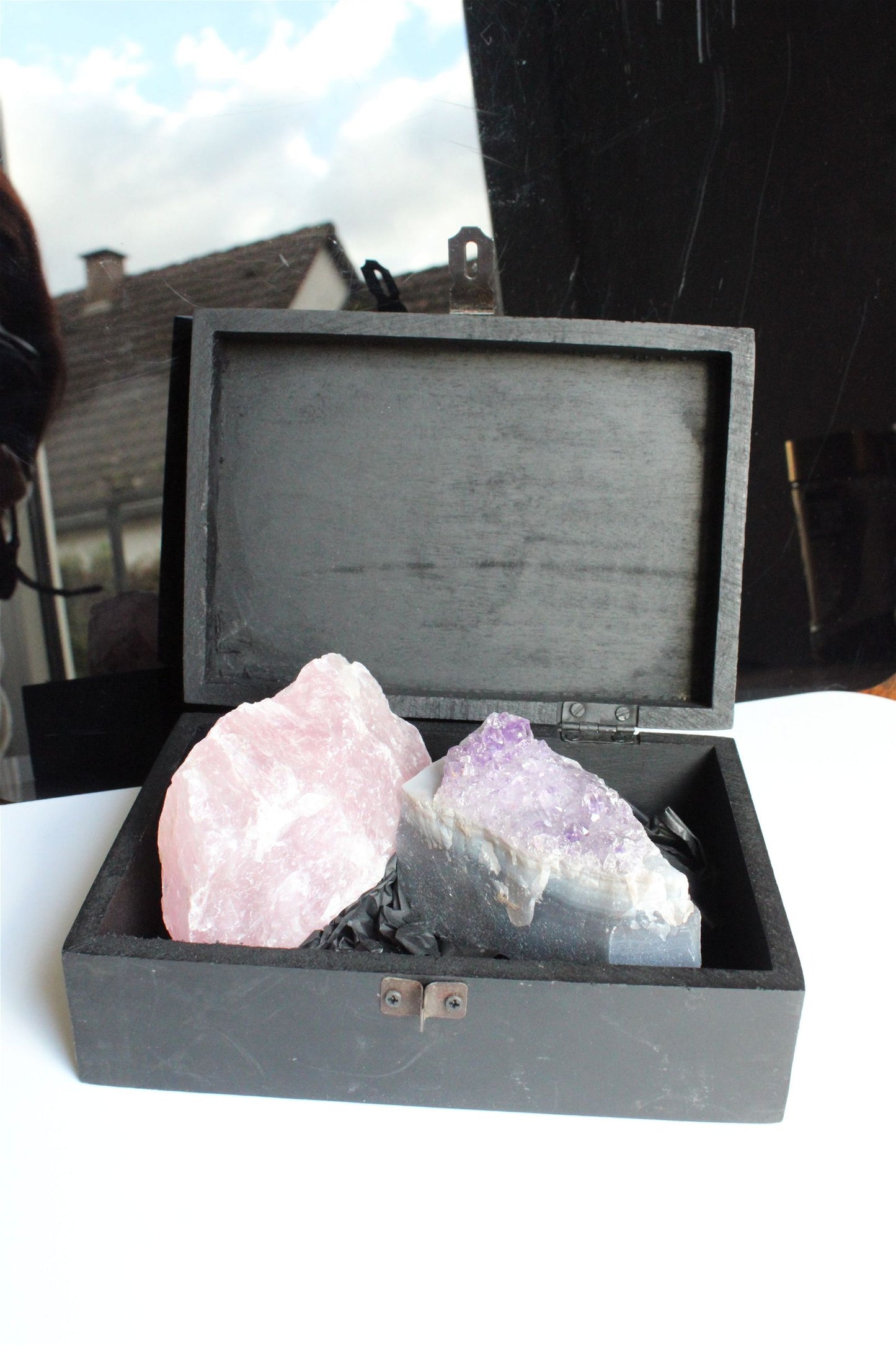 Box boîte à offrir quartz rose et améthyste brutes - Aurore Lune