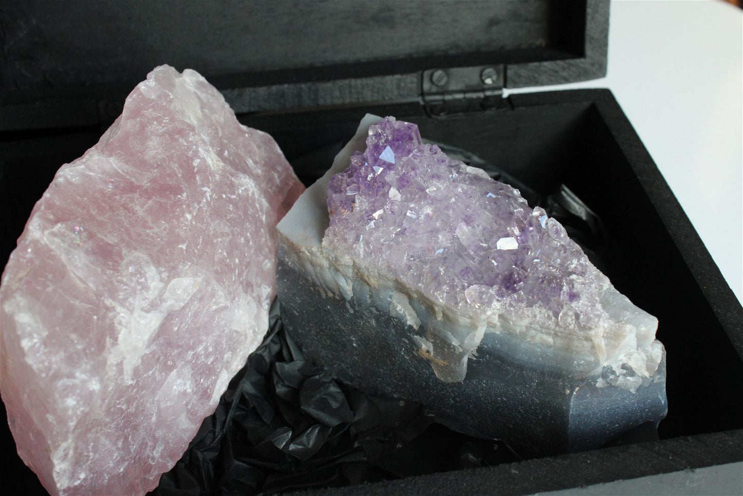 Box boîte à offrir quartz rose et améthyste brutes - Aurore Lune